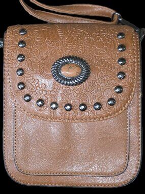 TAN Faux Leather TAN STONE accent w key chain Women's Purse Western Embossed NWT